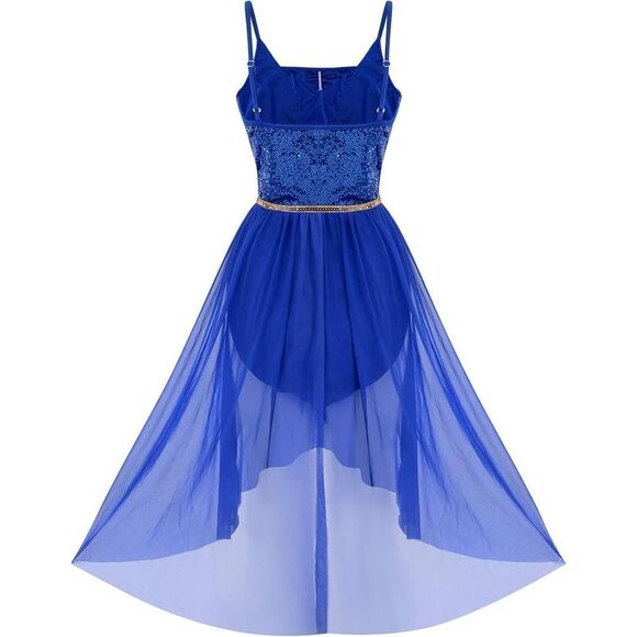 Shiny Sequin Spaghetti Strap blue XS High Low Mesh Tulle Dance Dress Modern Cont - Picture 3 of 10